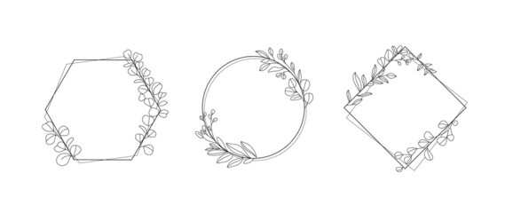 Minimal botanical wedding frame elements on white background. Set of geometric shapes, leaf branches, eucalyptus in hand drawn pattern. Foliage line art for wedding, card, invitation, greeting.