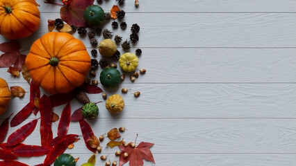 Thanksgiving frame with Gourds, Pine cones, Autumns leaves and Berries.