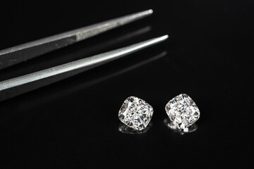 Cushion cut diamonds 1.50ct. compare with tweezers