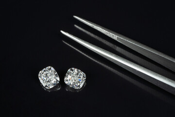 Cushion cut diamonds 1.50ct. compare with tweezers