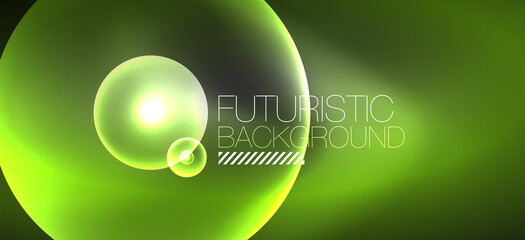 Shiny neon geometric abstract background. Glowing lights on round shapes, triangles and circles. Wallpaper for concept of AI technology, blockchain, communication, 5G, science, business