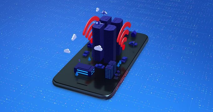 Wireless Smart City. High Speed Network. Skyscrapers On Smart Phone. Loop. Night Time. Technology Related 3D 4K Motion Graphics.