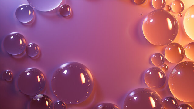 Liquid Droplets on Orange and Violet Background. Contemporary Banner with Copy-Space.