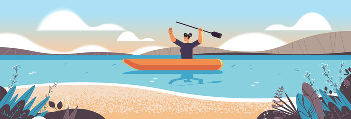 Obraz na płótnie Canvas woman rowing small boat girl paddling canoe kayaking canoeing paddling active vacation summer activity concept