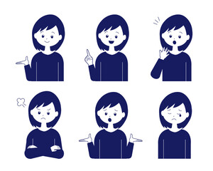 女性の色々な表情のイラスト素材セット（単色）