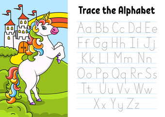 Writing letters. Tracing page with unicorn. Practice sheet. Worksheet for kids. Learn alphabet. Cute character. Color vector illustration. Cartoon style.