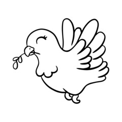 The dove holds an olive branch in its beak. Dove is symbol peace and love. Coloring page for kids. Digital stamp. Cartoon style character. Vector illustration isolated on white background.