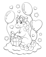Cute unicorn with a gift. Coloring book page for kids. Cartoon style character. Vector illustration isolated on white background.