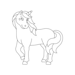 Cute shy unicorn. Coloring book page for kids. Cartoon style character. Vector illustration isolated on white background.