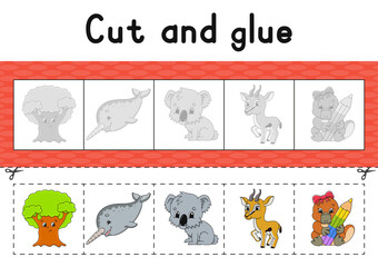 Cut and glue. Color activity worksheet for kids. Game for children. Cartoon character. Vector illustration.