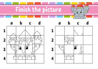 Finish the picture. Coloring book pages for kids. Education developing worksheet. Fairytale theme. Game for children. Handwriting practice. cartoon character. Vector illustration.