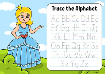 Writing letters. Tracing page. Practice sheet. Worksheet for kids. Learn alphabet. Cute character. Color vector illustration. Cartoon style.