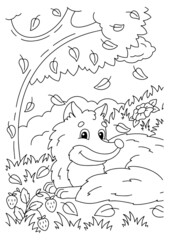 Fototapeta premium Cute fox in the autumn forest. Coloring book page for kids. Cartoon style character. Vector illustration isolated on white background.