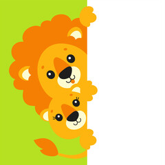 Obraz na płótnie Canvas Funny lion and lioness. Cute cartoon character holding white blank poster. With place for text. Colored vector illustration.