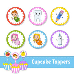 Fototapeta premium Cupcake Toppers. Set of six round pictures. cartoon characters. Cute image. For birthday, py, baby shower.