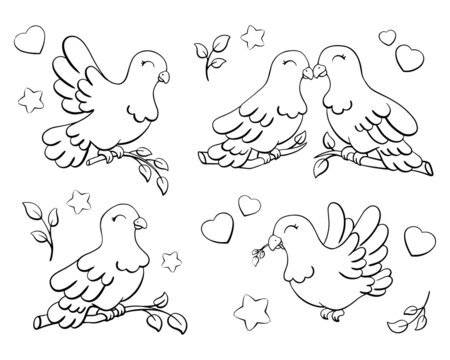 Dove is symbol peace and love. Coloring page for kids. Digital stamp. Cartoon style character. Vector illustration isolated on white background.