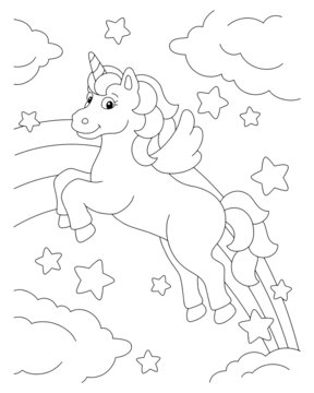 A cute unicorn flying across the sky. Coloring book page for kids. Cartoon style character. Vector illustration isolated on white background.