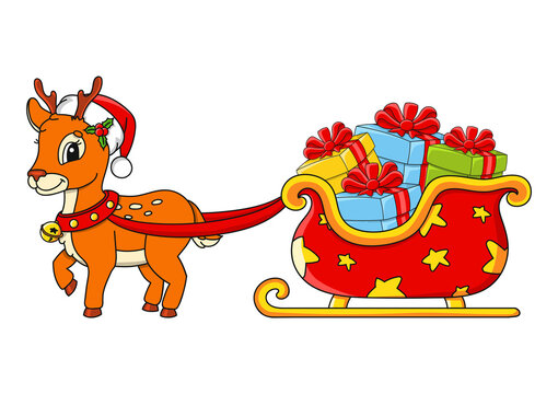 Deer with Christmas sleigh. Cartoon character. Colorful vector illustration. Isolated on white background. Design element. Template for your design, books, stickers, cards.