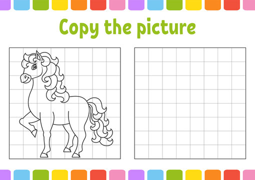 Copy the picture. Cute horse. Farm animal. Coloring book pages for kids. Education developing worksheet. Game for children. Handwriting practice. Funny character. Cute coon vector illustration.