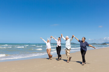 Fototapeta na wymiar group of seniors man and women walking and arms raised together on the beach