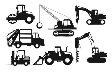 Construction vehicles Collection Silhouettes Premium vector template