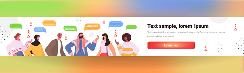 mix race businesspeople with chat bubbles discussing during meeting communication concept horizontal