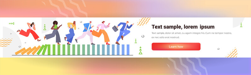 people running on falling dominos solving problem domino effect crisis management chain reaction finance intervention