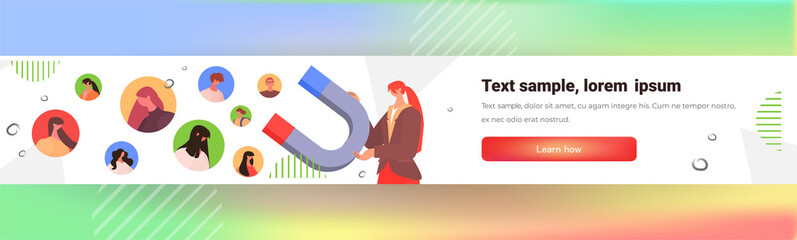 businesswoman with big magnet attracting customers clients or followers advertising promotion management service