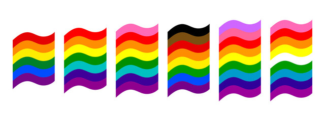 Different rainbow flags set vector illustration.