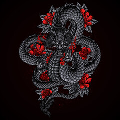 dragon with flowers vector illustration