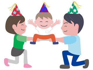 三角帽子を被った子供と両親が遊んでいるイラスト