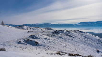 A high-altitude plateau in the Altai mountains. Dry grass and bare trees in a snowy valley. Tire tracks are visible. A mountain range against a blue sky.