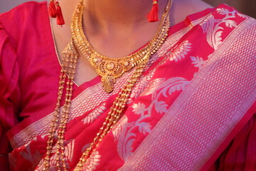Golden Jewelry on Pink Saree