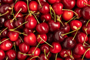 Sweet red cherries close up. Top view.
