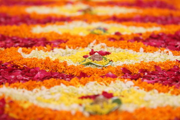 Fototapeta premium Beautiful decor of Betel Nut and Carpet From Petals For Seven Steps Ceremony