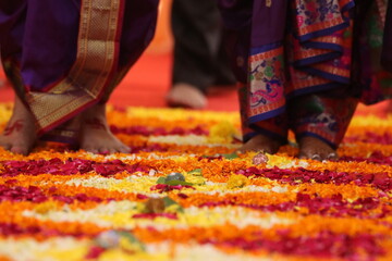 Ceremony For Bride and Groom In Petals Road and Betel Nut In Seven Sacred Steps