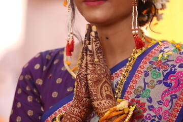 Close Hands For Praying Worship For Indian Bride. Hindu Maharashtrian Wedding Ceremony