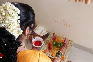 Worship For Indian Bride. Hindu Maharashtrian Wedding Ceremony