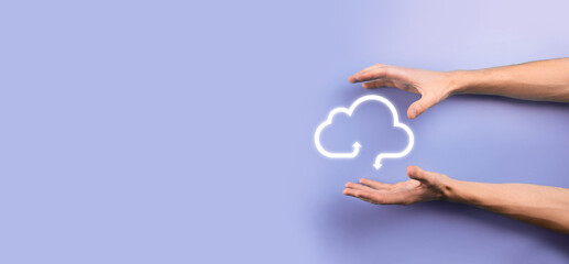 Business woman holding icon cloud computing network and icon connection data information in hand. Cloud computing and technology concept.