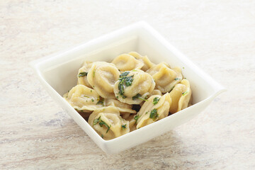 Russian boiled dumplings with meat