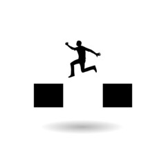 Man jumping over cliff gap logo with shadow