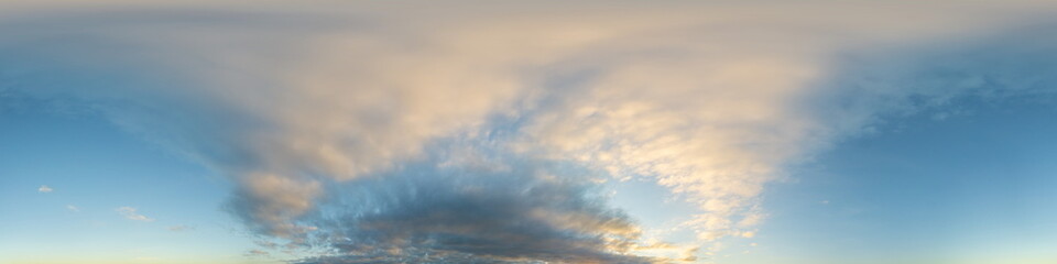 Dark blue sunset sky panorama with Cumulus clouds. Seamless hdr pano in spherical equirectangular format. Complete zenith for 3D visualization, game and sky replacement for aerial drone 360 panoramas.