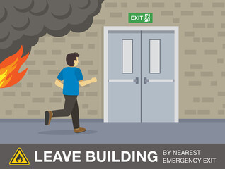 Fire safety activity. Young man runs from the fire to the exit doors. Leave the building by nearest emergency exit. Flat vector illustration template.
