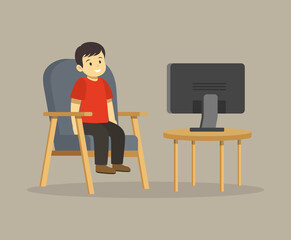 Isolated male kid watching TV or monitor while sitting on armchair. Flat vector illustration template.
