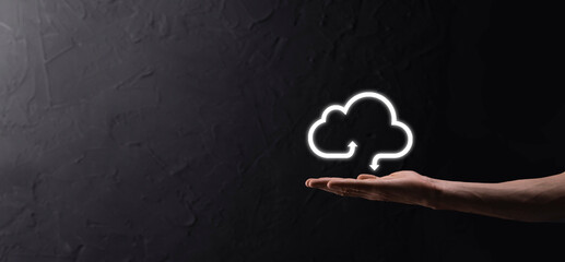 Business woman holding icon cloud computing network and icon connection data information in hand....