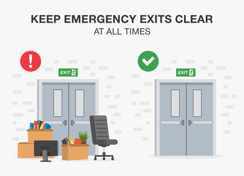 Fire Safety Activity. Do Not Block Or Obstruct Emergency Exits. Correct And Wrong Situation. Blocked And Clear Fire Exit Doors View. Flat Vector Illustration Template.