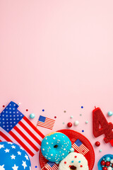Obraz premium Fourth of July concept. Top view vertical photo of US national flags number 4 candle paper molds with sweets plate with donuts balloon and confetti on isolated pastel pink background with copyspace