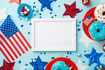 Obraz premium Fourth of July concept. Top view photo of photo frame stars national flags confetti paper backing molds with candies and plate with glazed donuts on isolated pastel blue background with empty space