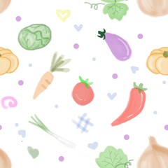 Vegetable doodle seamless on white isolated background.Cute texture for decorate kitchen wallpaper or restaurant,card,book.wrap paper,fabric.