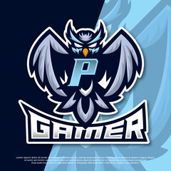 Letter P Owl Mascot esport gaming logo design, owl night bird illustration, bird gamer esport logo - obrazy, fototapety, plakaty